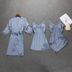 4 шт. дамы пикантный Шелковый Атласный халат комплект пижамы наборы для ухода за кожей включают халат + ночная рубашка топ брюки вышивка