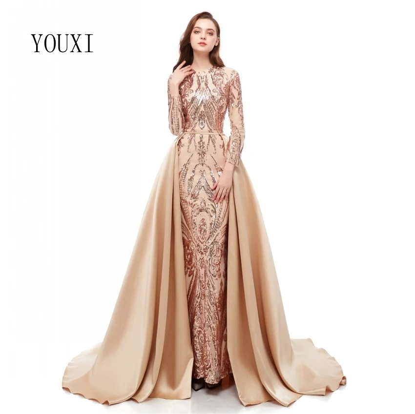 

Elegant Muslim Champagne Long Sleeve Evening Dresses 2019 With Detachable Train Sequin Bling Moroccan Kaftan Formal Party Gown