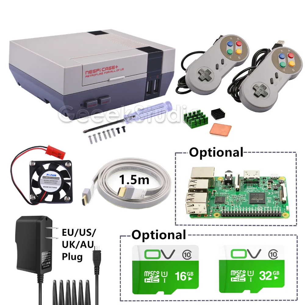 

New NESPi Case+ Plus Kit with 2 Pcs SNES USB Wired Controllers+Optional 16G/32G Micro SD Card+Optional Raspberry Pi 3 Board