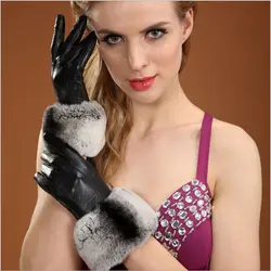 Дамы Натуральная кожа Перчатки зимние Бархатные Теплые черный овчины Перчатки с реальными с мехом кролика touch Перчатки