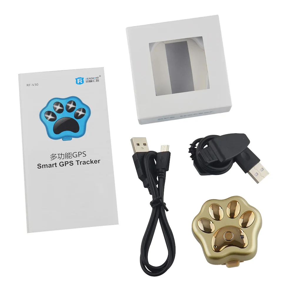 Анти-потерянный Wifi мини gps трекер RF-V30 трекер для домашних питомцев для собак и кошек из коровьей кожи Wterproof IP66 смарт GSM GPRS gps локатор - Цвет: golden with box