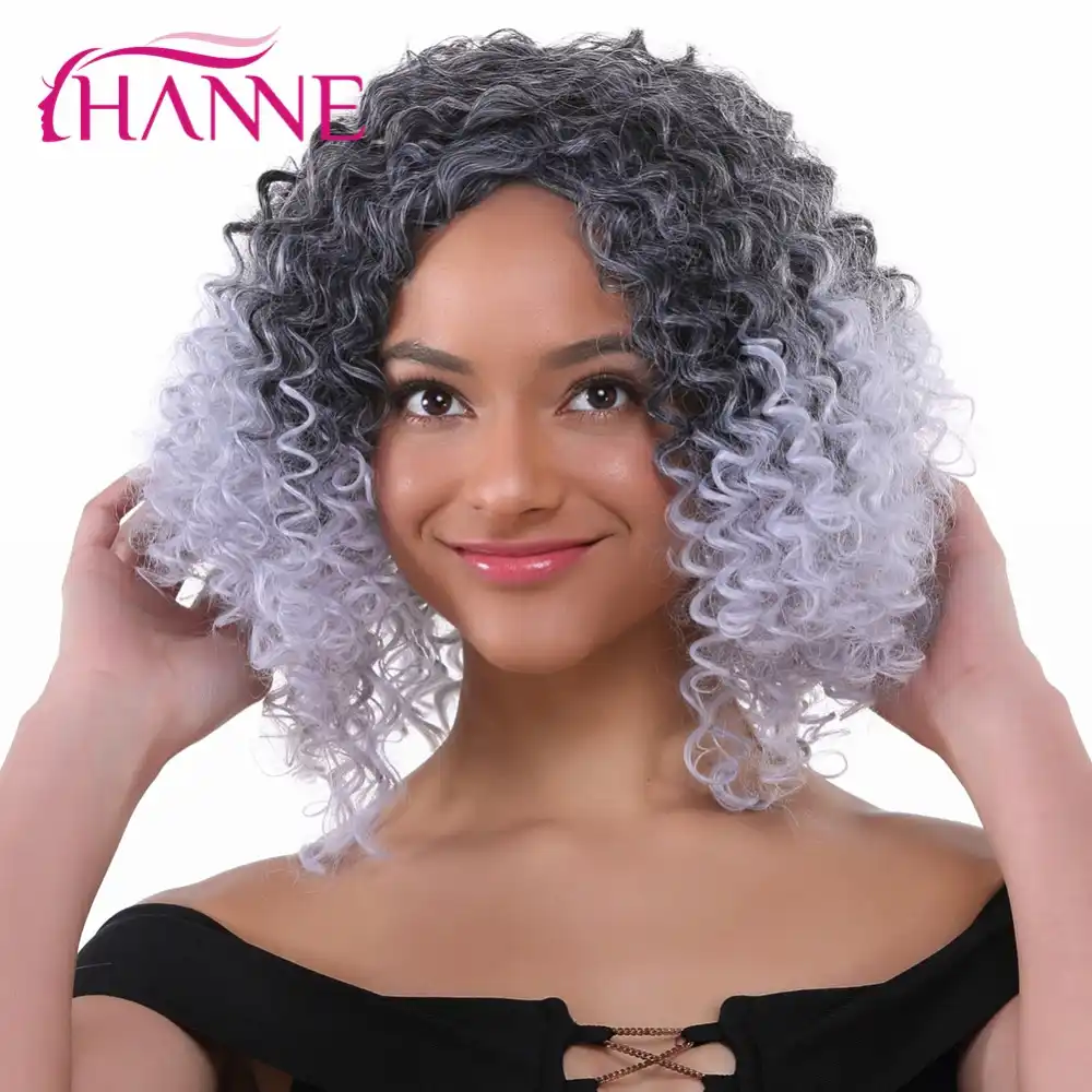 Hanne Afro Curly Synthetic Wigs Black To Purple Blue Grey Ombre