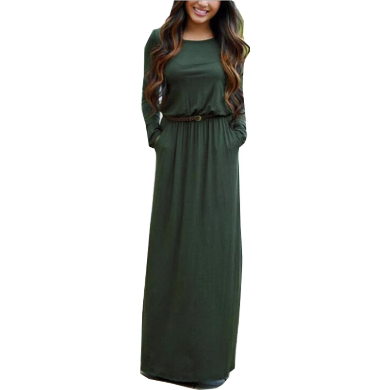 

Hot long dress women 2019 Round Neck Pocket belt Long Sleeve solid color Autumn and Spring womens dresses vestidos OYM0068