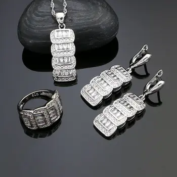 

Classic 925 Sterling Silver Wedding Jewelry Sets For Women White Crystal Drop Earrings/Rings/Pendant/Necklace Set