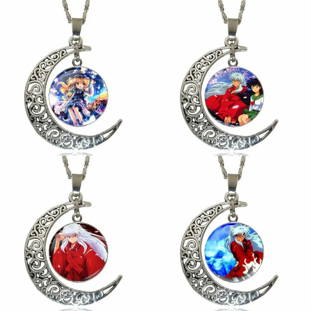 

Inuyasha Vintage Jewelry Silver Plated With Glass Cabochon Crescent Moon Choker Long Pendant Necklace For Women Handmade Girls