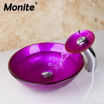 

Monite Rose Red Hand-Paint Bathroom Washbasin Glass Sink Waterfall Chrome Soild Brass Tap Vessel Vanity Combine Set Mixer Faucet