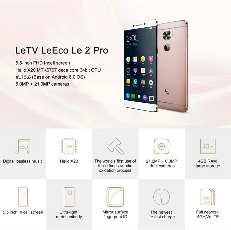LeEco LETV LE 2 PRO X620 4GB RAM 32GB ROM Helio X20 MTK6797 2.3GHz Deca Core 5.5 Inch In Cell FHD Screen Android 6.0 4G LTE Smartphone