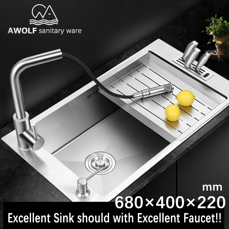 

Kitchen Sinks Single Bowl 3mm Hand Made Stainless Steel Sink Brushed Finish Pull Out Faucet Above Bar Counter Or UndermountAC903