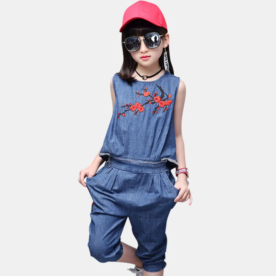 

Kids Denim Clothes Suit Girls Summer Costume For Girls Embroidery Teen Kids Clothes 6 8 12 Years Casual Sleeveless Girl Clothes
