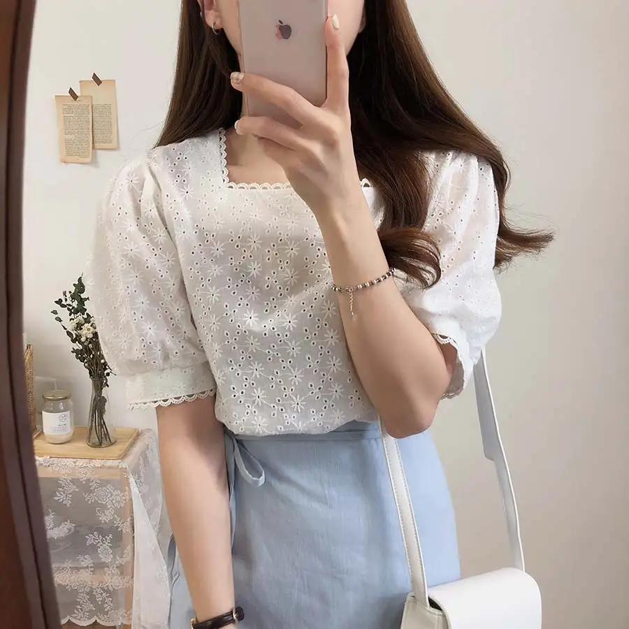 

New Short Sleeve Women Tops Embroidery Lace Shirt Linen Cotton Girls Blouse Plus Size Summer Women Blouses White femme Blusas