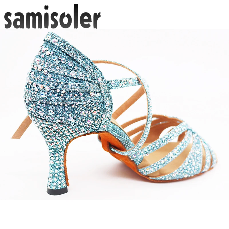 Samisoler/Синие стразы; Обувь для бальных танцев; женская обувь для сальсы; Женская Профессиональная Обувь для танго; обувь для латинских танцев; стильная обувь на высоком каблуке
