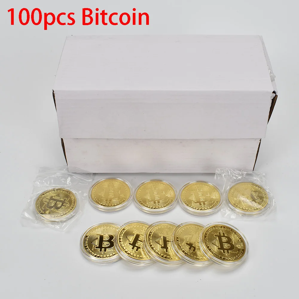 

100pcs Bitcoin Bit Coin BTC Metal Coin 999 Gold Silver Plated Collection Coin with Plastic Case opp bag