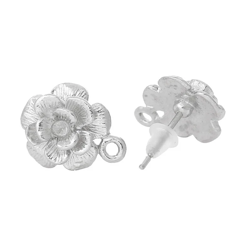 

8SEASONS Earring Post Flower Silver Tone Color W/Stoppers & Loop 15mm x 14mm,25 Pairs (B36076)