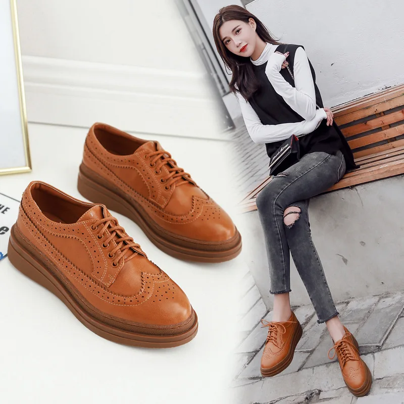 

British brand carve patterns small leather shoes casual round toe platform creepers women lace up brogues thick bottom derbies