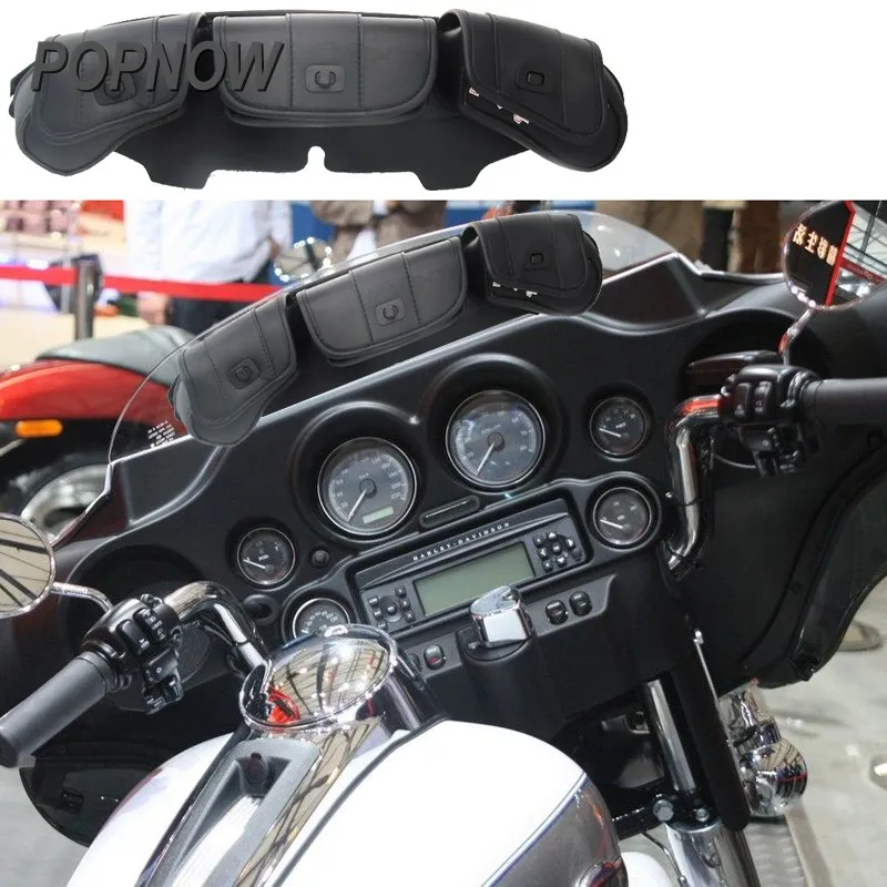1pc Motorcycle Accessories PU Windshield Bag 3 Pouch Pocket For Harley