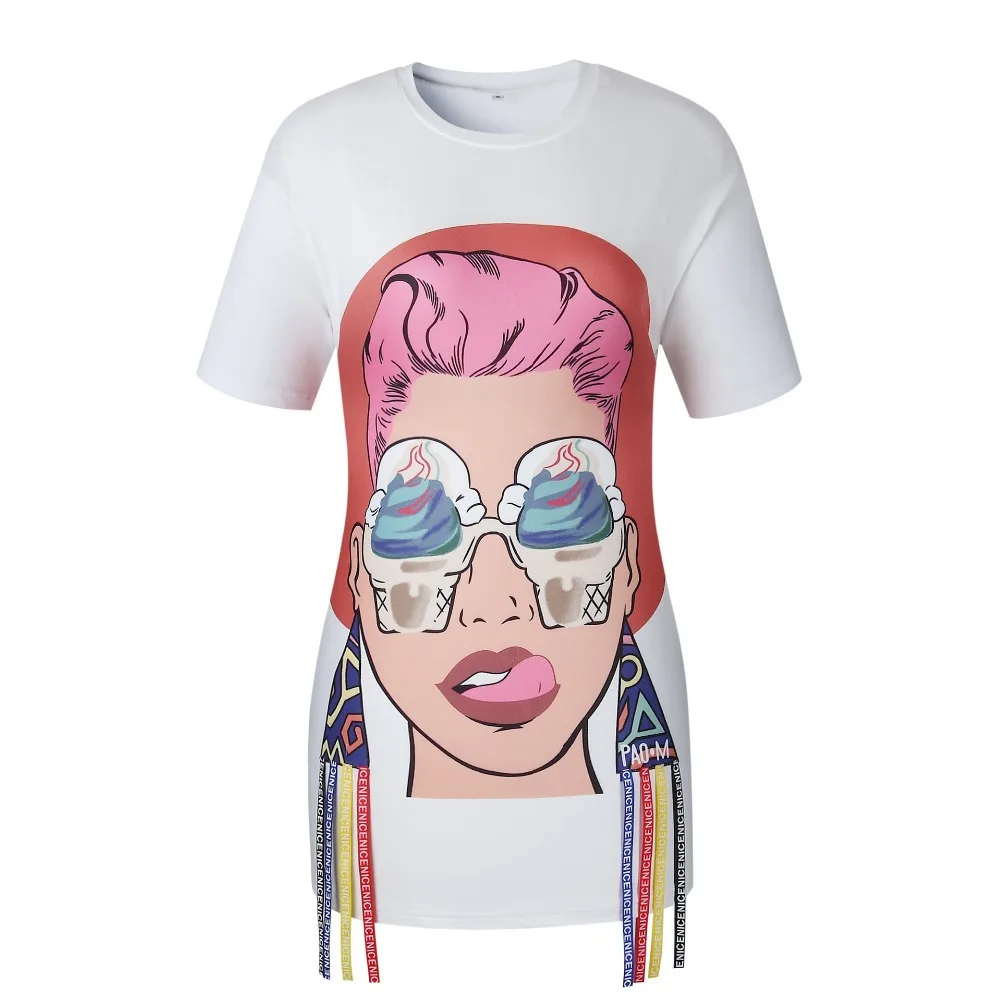 2018 Summer Funny T Shirt Print Cartoon Head Women Ice Cream Pattern Tassel 3d Top T-shirt Casual O-Neck Short Sleeve Tshirt Tee Tops