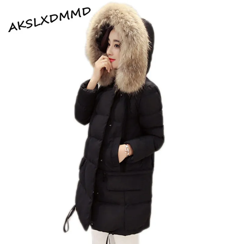 

Large Size 2016 Winter Raccoon Soft Real Fur Collar New Women's Jacket Fashion Parka Girls Padded Slim Hooded Coat Female LH490