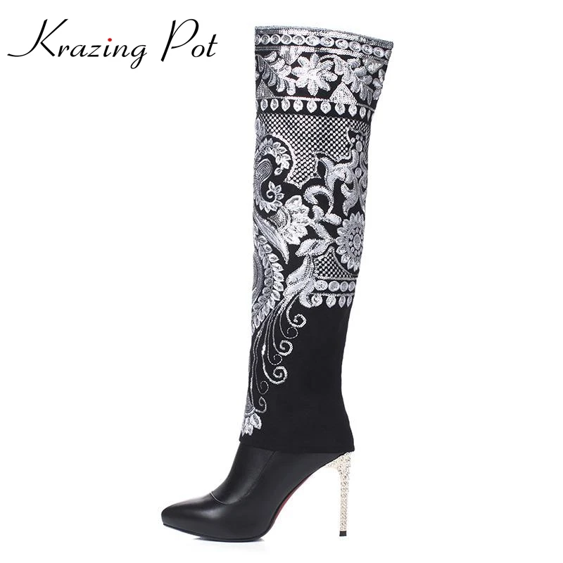 

Winter black flowers embroidery zipper thigh high boots poined toe high heel women shoes over the knee boots high quality L33