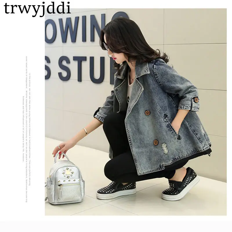 incredible  2019 Fashion Spring Jacket Coat Korean Loose Large Size Short Denim Jacket Female Double Breasted C
