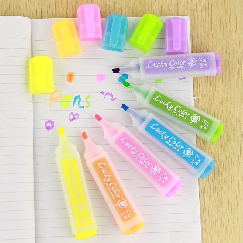 6PCS Cute Candy Colors Highlighter Pen Marker Pens Kawaii Stationery Material Escolar Papelaria Writing School Supplies