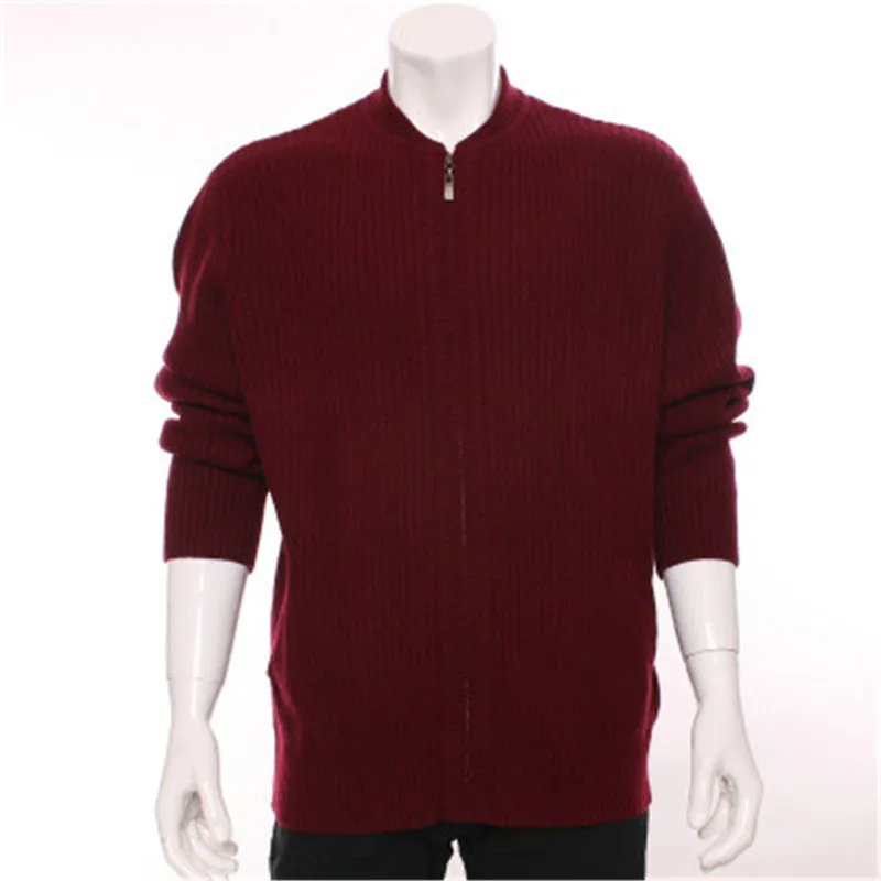  high grade 100%goat cashmere striped thick knit men zipper cardigan sweater turtle neck H-straight 