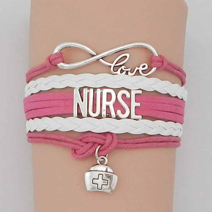 

Drop Shipping Infinity Love Hot Pink with White Leather Braide Wrap Nurse Bracelet- Gift for Daughter Birthday Girl Friend