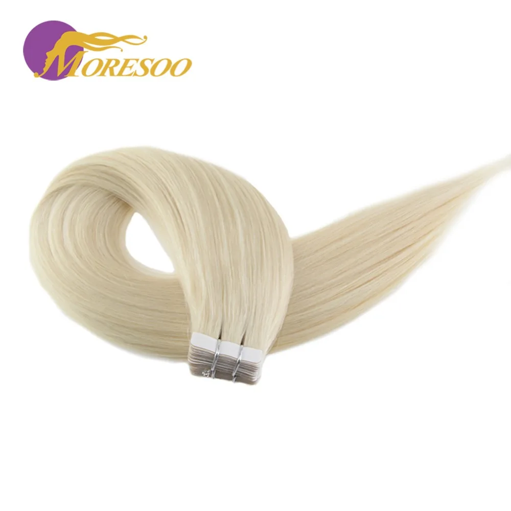 Moresoo Machine Remy Tape In Hair Extensions Brazilian Human Hair Skin Weft Platinum Blonde #60 20G-100G 14-24 Inch Tape Hair