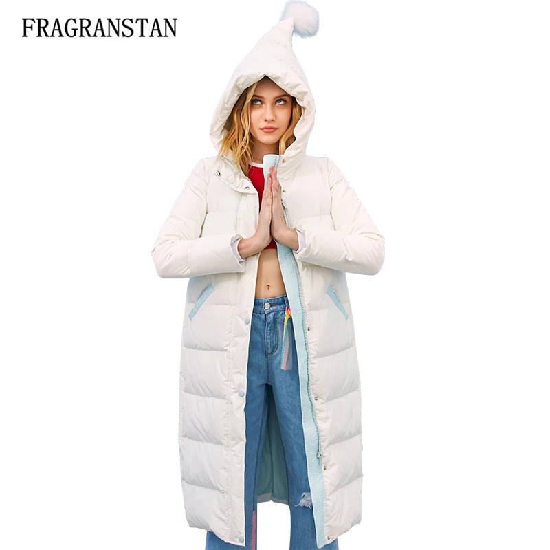 

2018 Winter Female New Fashion White Hair Ball Hooded Thicken Long Down Jacket Double Pockets Zippers Keep Warm Women Coats LY85