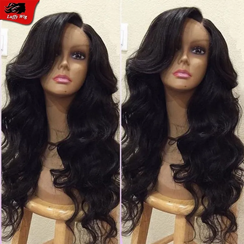 

Heavy density glueless lace front human hair wigs with side bangs long wavy brazilian virgin full lace wigs for black women