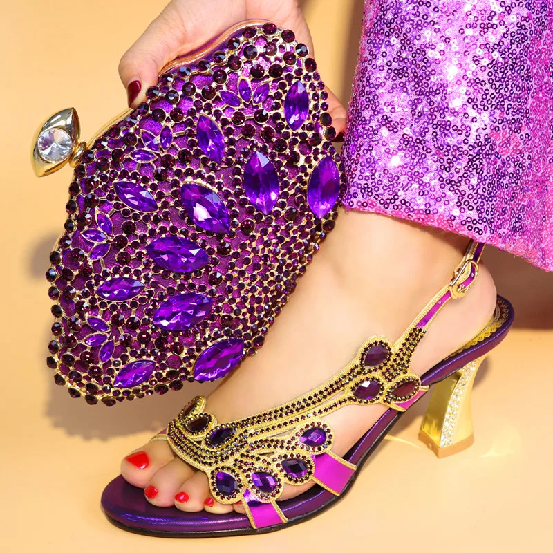 New Arrival Purple Color Nigerian Shoes and Matching Bags Set African Women Italian Shoes and Bag Sets Decorated with Rhinestone