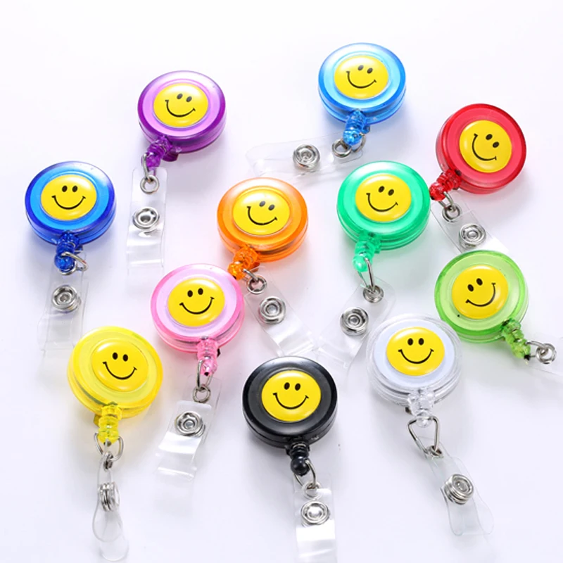 

10 pcs/lot Compact Design Smiling Face ID Holder Name Tag Card Key Badge Reel Holders Retractable Round Translucent Office