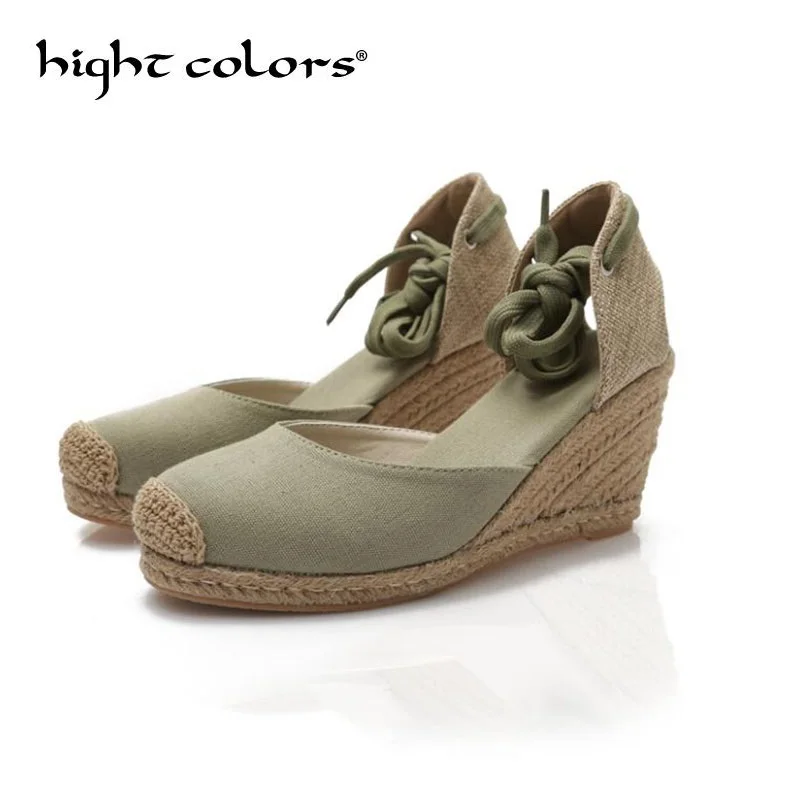 

Brand Design Female Bohemia Bandage Buckle Strap Straw Wedges Sandals For Women Hand-Woven Round Toe High Heel Shoes