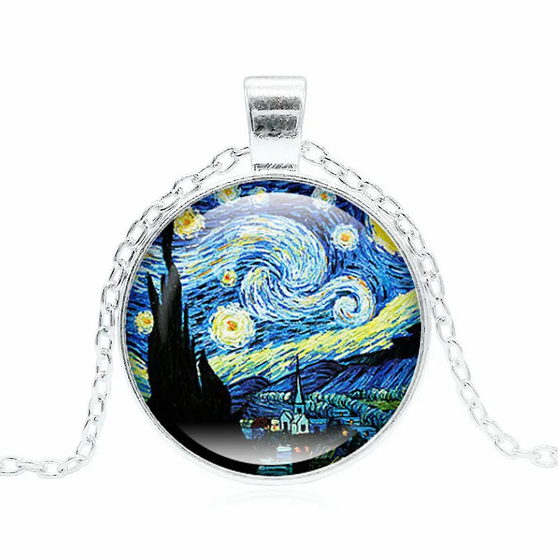 XUSHUI XJ Van Gogh Starry Night Glass Cabochon Pendant Necklace Women Fashion Classic Jewelry Chain Moon Stars | Украшения и