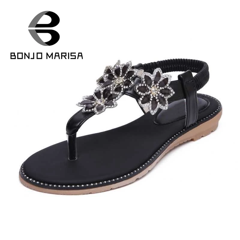 

BONJOMARISA Rhinestone Flower Sandals Flat With Open Toe Platform Summer Shoes For Woman Elastic Band Black White Sandals