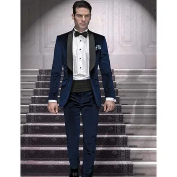 

Blue Groomsmen Shawl Black Lapel Groom men suit Tuxedos Navy Blue Mens Suits Wedding Best Man (Jacket+Pants+Bow Tie+Hankerchief)