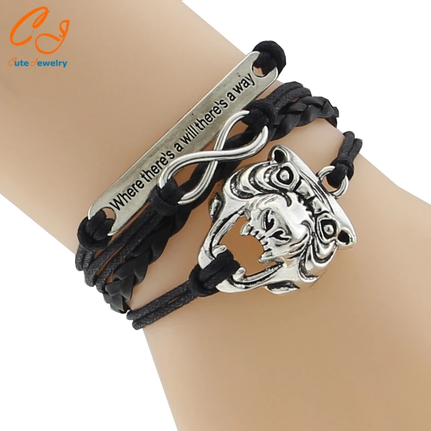 

Wholesale Vintage Multilayer Braided Bracelets Antique Black Danger Tiger Head Eight Characters infinity Leather bracelet