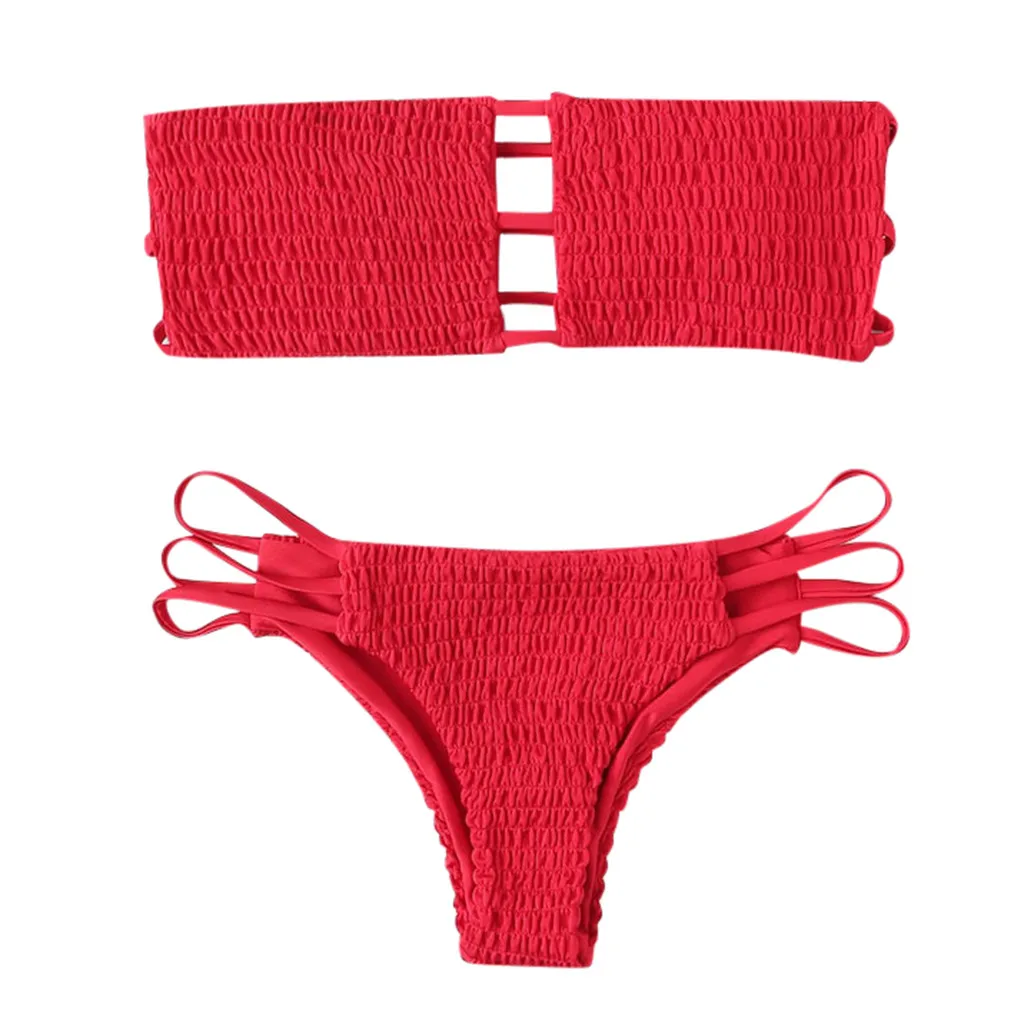 Bikinis 2019 Mujer Swimsuit Solid Bandeau Bikini set Sexy Hollow-out Swimwear Women Red Blue Biquini Swimming Suit For Women