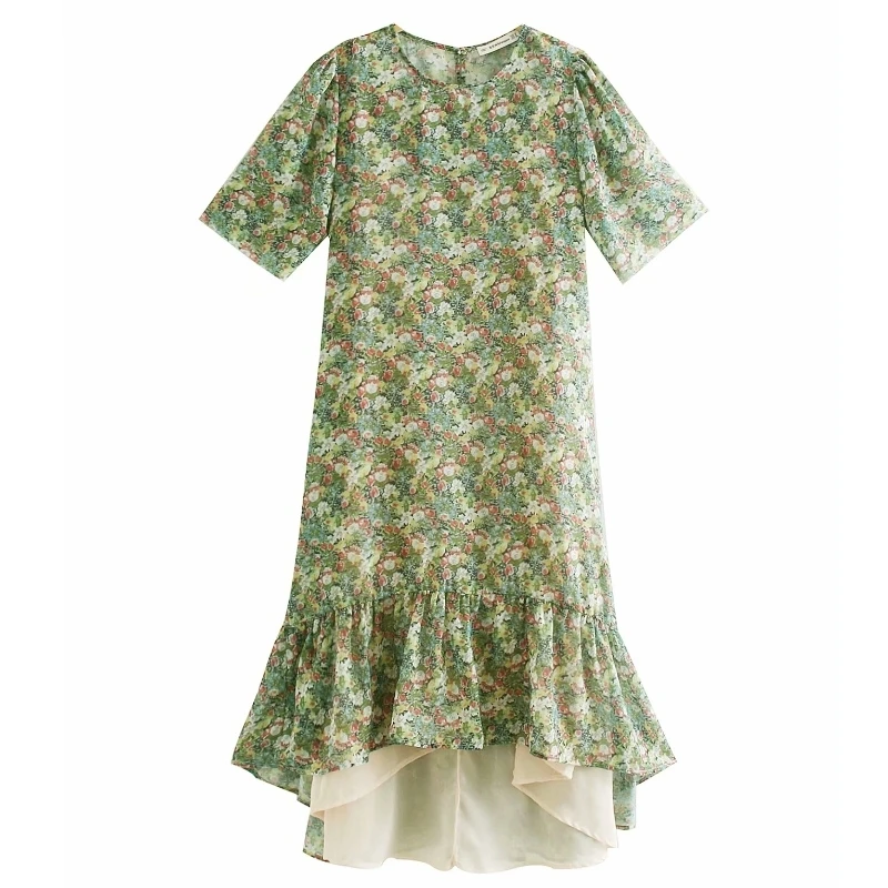 

2019 new women floral print hem pleated ruffles chiffon dress female elegant short sleeve inner sling chic party dresses DS2331