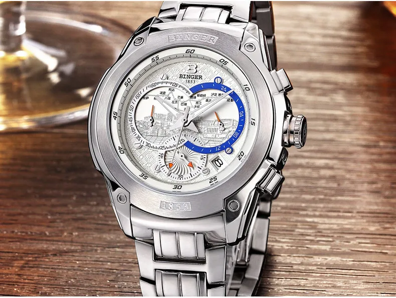 Швейцарские часы мужские роскошные Брендовые Часы Бингер кварцевые мужские часы полностью из нержавеющей стали с хронографом Diver glowwatch B6013