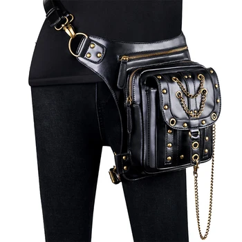

Women Black Multifunction Moto Biker Skull Rivet outdoor Belt Bag Fanny Men Pack Steampunk PU Leather Female Waist Pack Heuptas