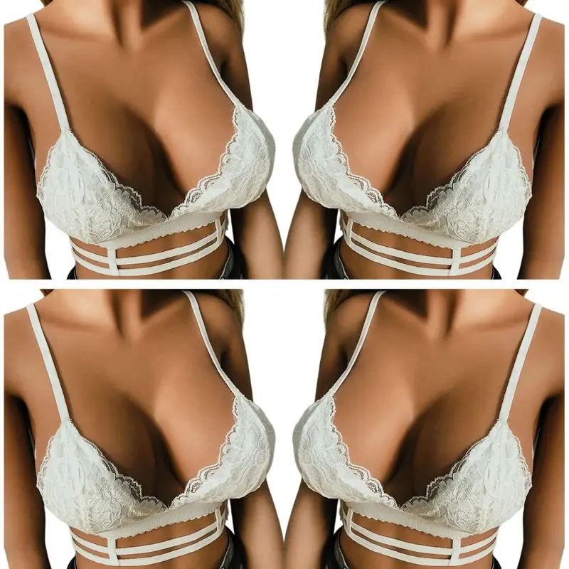 

Women Sexy V-Neck Strappy Caged Bralette Floral Lace Splicing Triangle Cup Bustier Seamless Bandage Elastic Lingerie Bra New