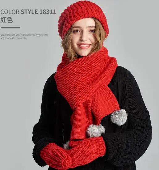 Вязаная шапка, шарф, перчатка, 3 шт., с натуральным кроличьим мехом, помпон, 2 шт., набор, женская шапочка, винтажная, зимняя,, модная меховая подкладка - Цвет: Красный