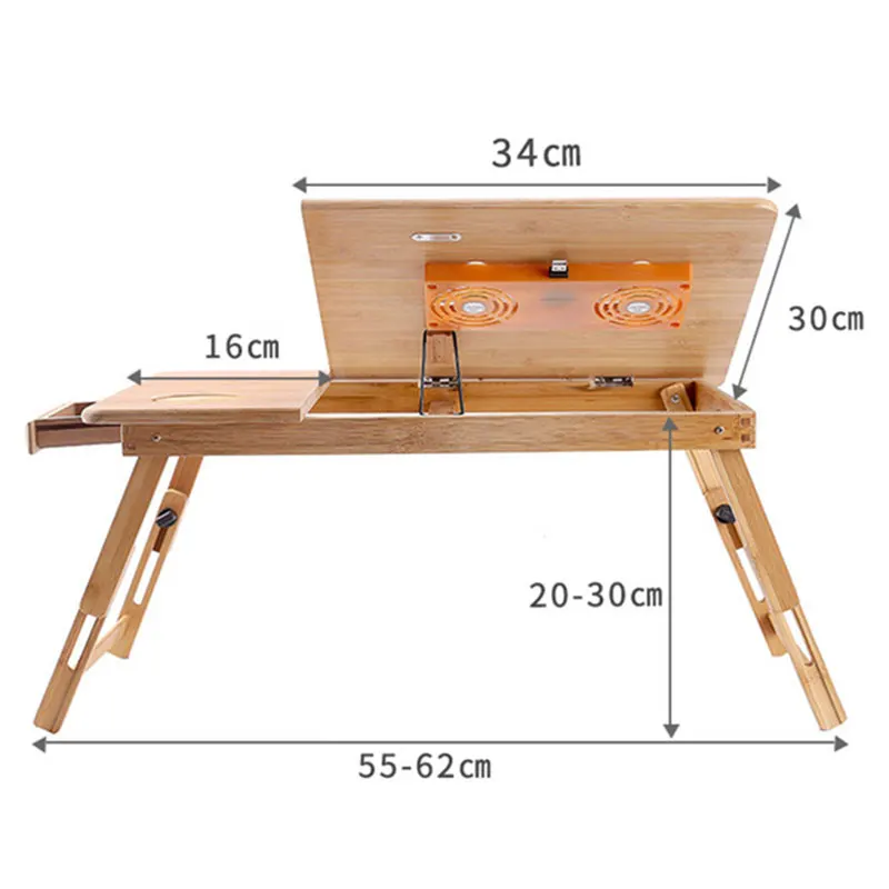 Складной портативный бамбуковый столик для ноутбука Регулируемая Кровать Подставка для ноутбука стол с двойным охлаждающим вентилятором с ящиком 50*30 см - Цвет: with fan