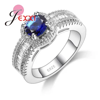 

Stamped Silver Rings Fashion Simple Round Blue Cubic Zirconia Crystal Engagement Wedding Bands Ring Women