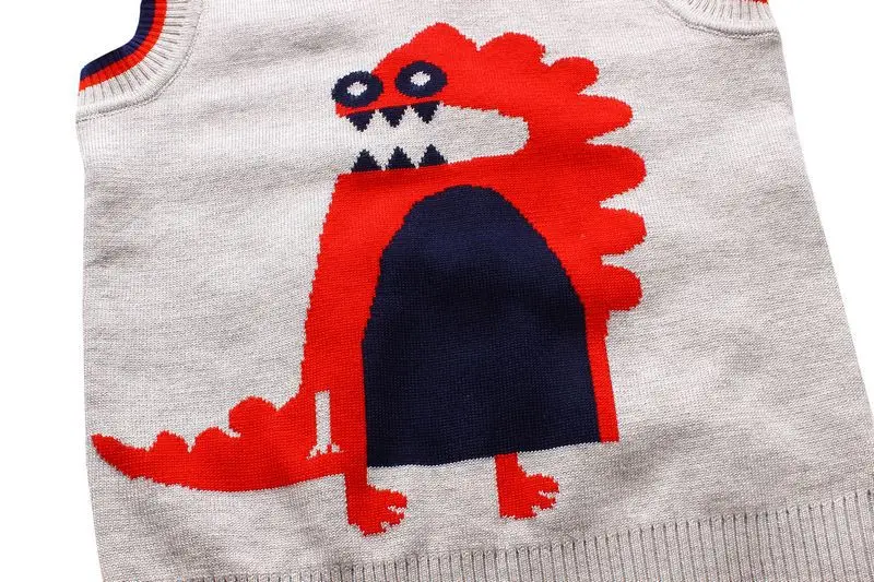 Жилет с рисунком динозавра для мальчиков Хлопковый вязаный свитер для малышей, жилеты для мальчиков на весну-осень с v-образным вырезом, вязаный крючком жилет для мальчиков