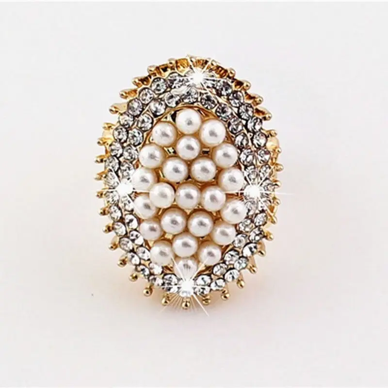 

Women's Pearls Ring Shinning Rhinestones Imitation Pearls Rings Adjustable Size Oval Engagement Band Ring Party Jewelry