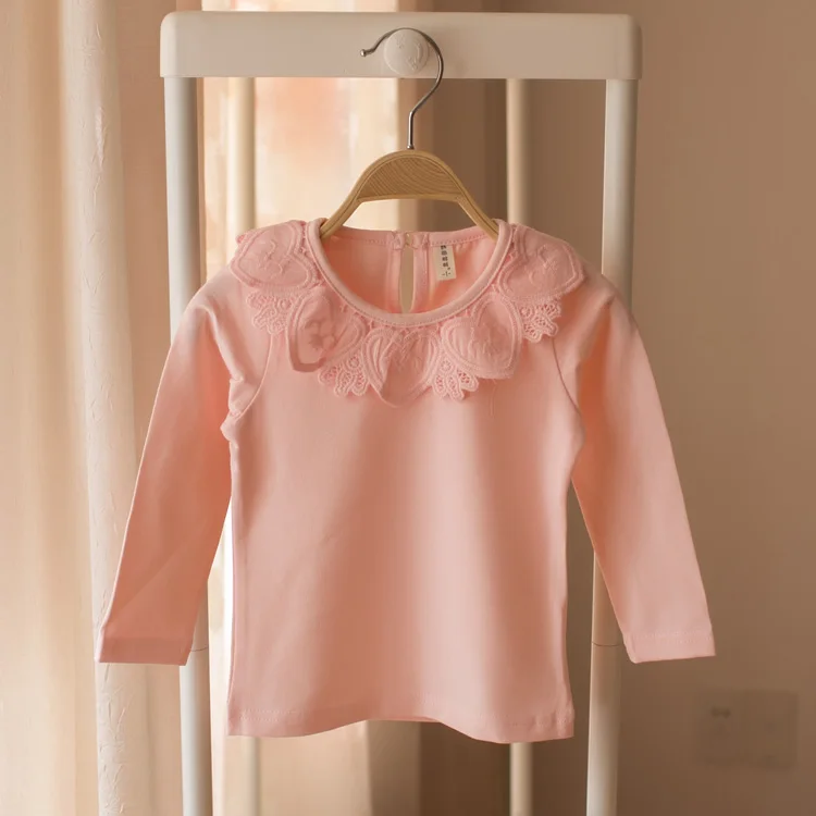 Коллекция года, весенне-осенняя рубашка для маленьких девочек Детская футболка с длинными рукавами кружевные топы, белые футболки для девочек - Цвет: Style 1 Pink