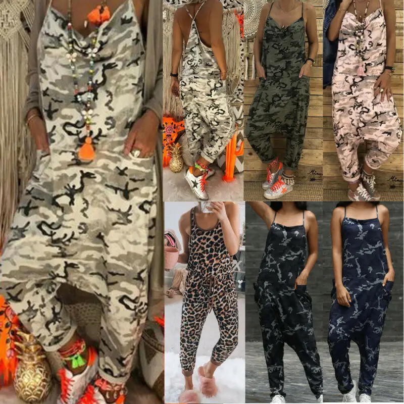 

Fashion Women Jumpsuits 2019 Summer Strap Backless Long Jumpsuits Casual Loose Camouflage Printed Overalls Harem Cross Trousers