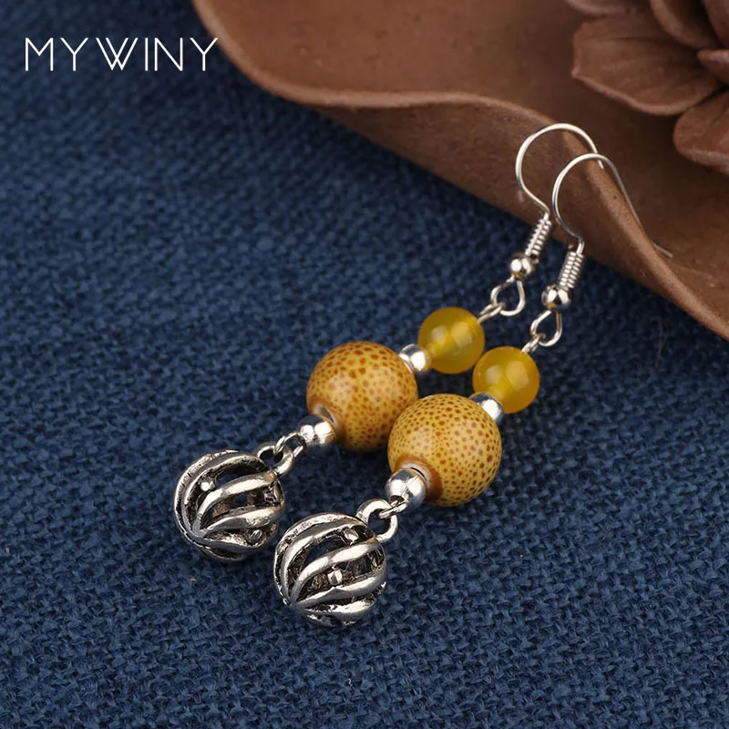 

2 colors MYWINY New ceramic beads earrings green ,fashion vintage ethnic metal ball earrings
