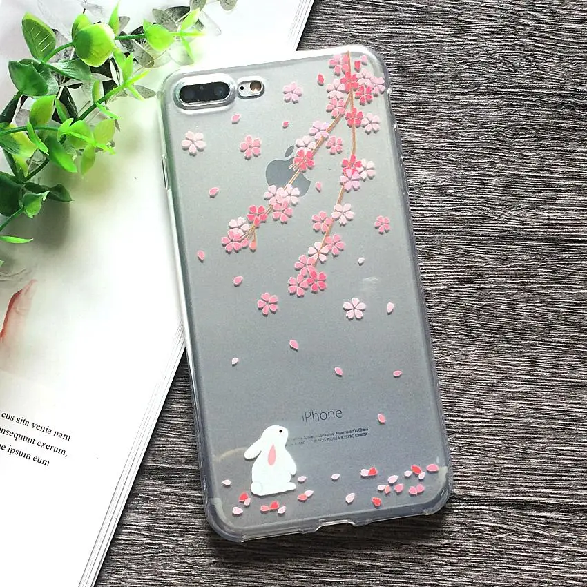 Funda de teléfono de silicona suave gruesa 6 S para Apple iPhone 8 7 Plus fundas iPhone8 X funda de conejo pintado flores de caída de rábano de amor